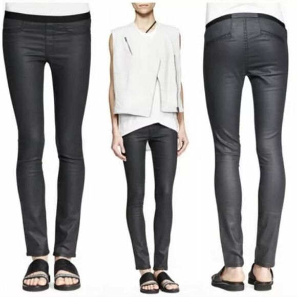 Helmut Lang Charcoal Grey Waxed Coated Denim Pull-on Legging Pants Sz 27 - Picture 1 of 12